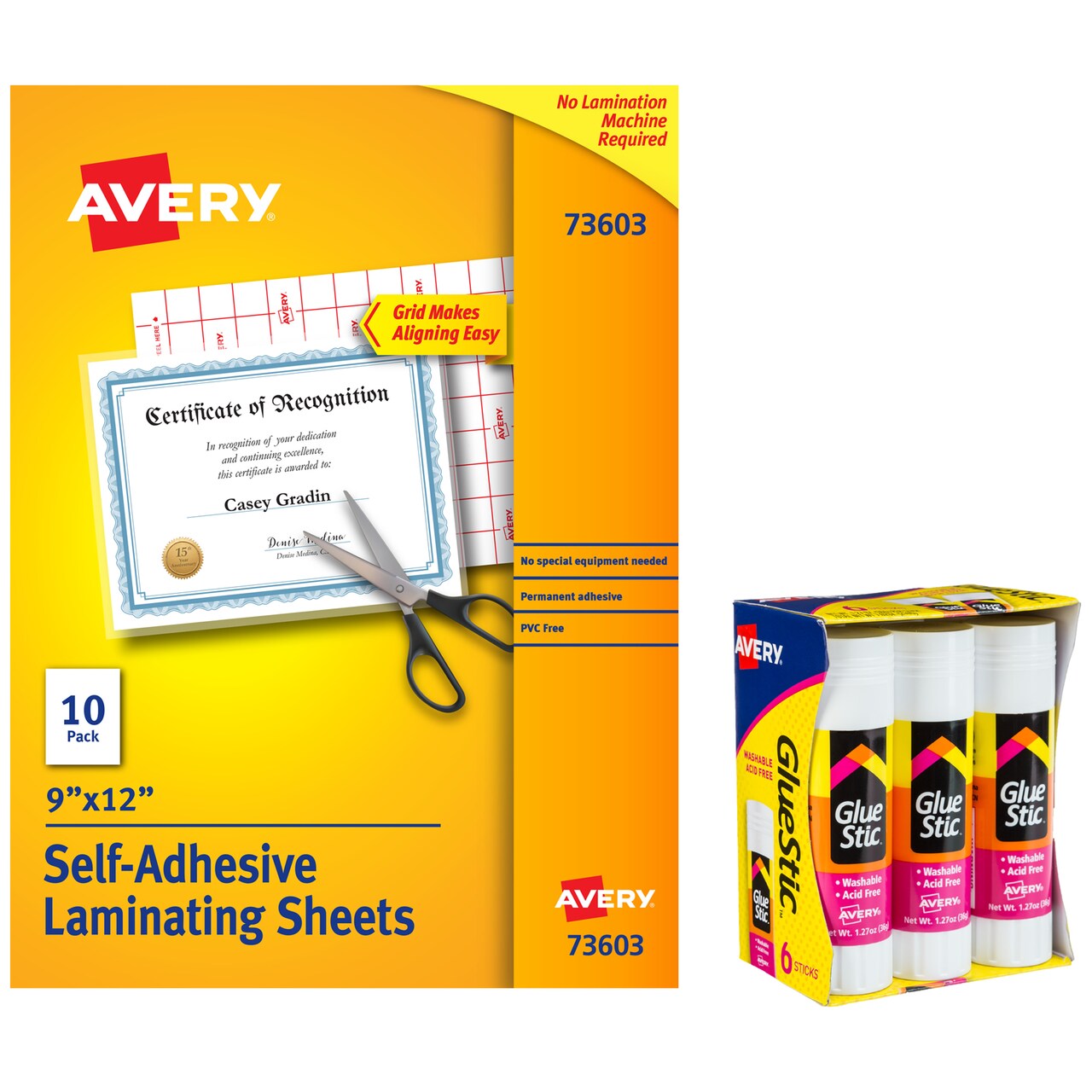 Avery School Supplies Set Bundle, 10 Clear Self-Laminating Sheets, 8 Washable Glue Sticks, Great for Back to School, Office Supplies, and Home Use (01684)